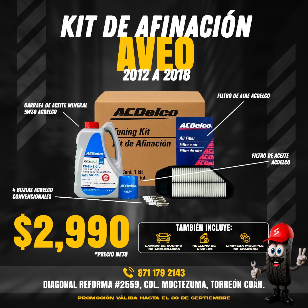 Kit de afinación para Aveo 2012 a 2018 con aceite, filtros y bujías ACDelco: $2,990 precio neto