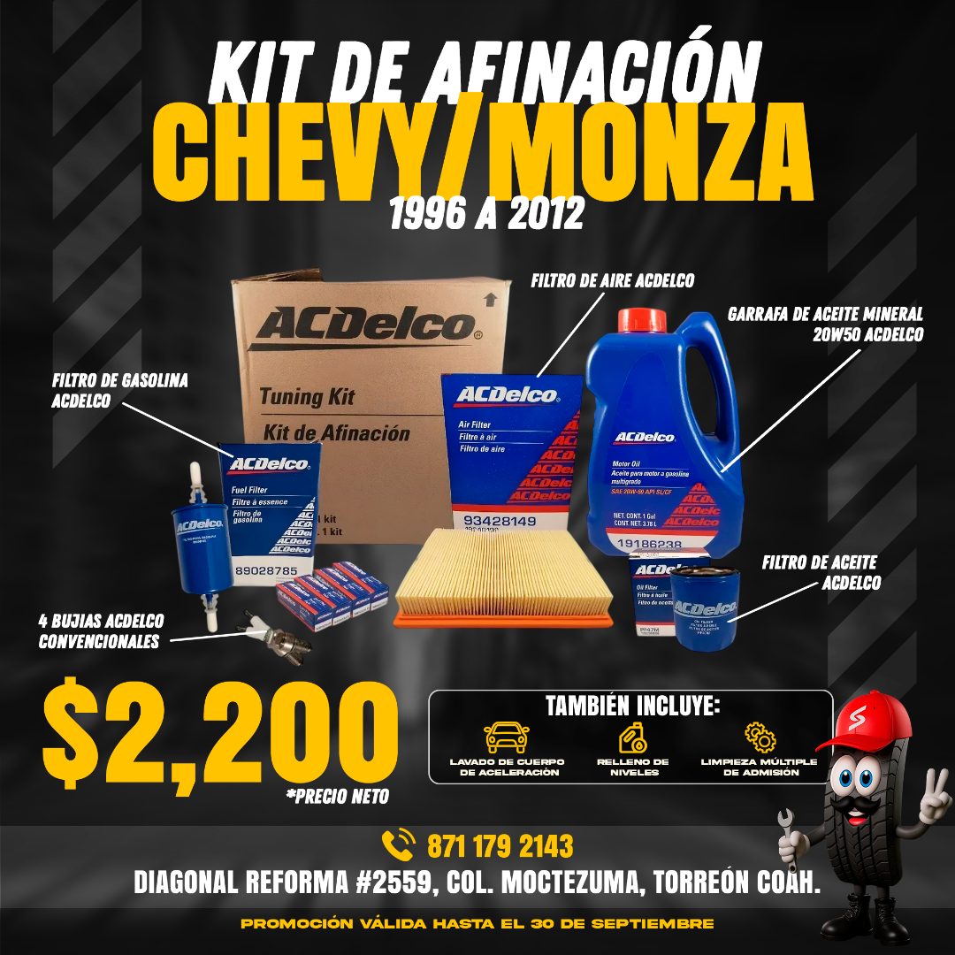 Kit de afinación para Chevy/Monza 1996 a 2012 con aceite, filtros y bujías ACDelco: $2,200 precio neto
