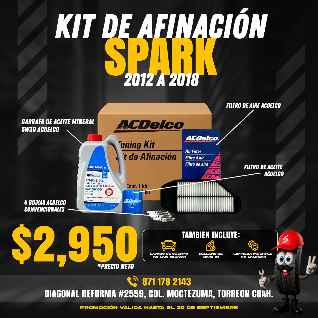 Kit de afinación para Spark 2012 a 2018 con aceite, filtros y bujías ACDelco: $2,950 precio neto